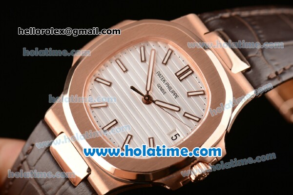 Patek Philippe Nautilus Swiss ETA 2824 Automatic Rose Gold Case with Brown Leather Bracelet White Dial and Stick Markers - ZF - Click Image to Close